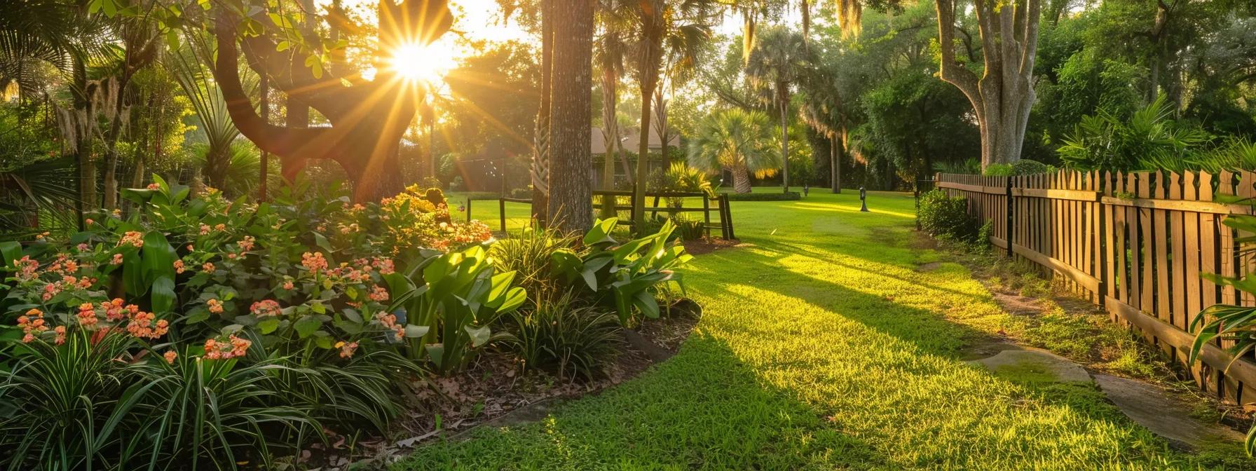 a beautifully landscaped port orange property showcases a variety of custom fence designs, blending harmoniously with the lush greenery and vibrant florals of northern central florida under golden sunlight. a beautifully landscaped port orange property showcases a variety of custom fence designs, blending harmoniously with the lush greenery and vibrant florals of northern central florida under golden sunlight.
