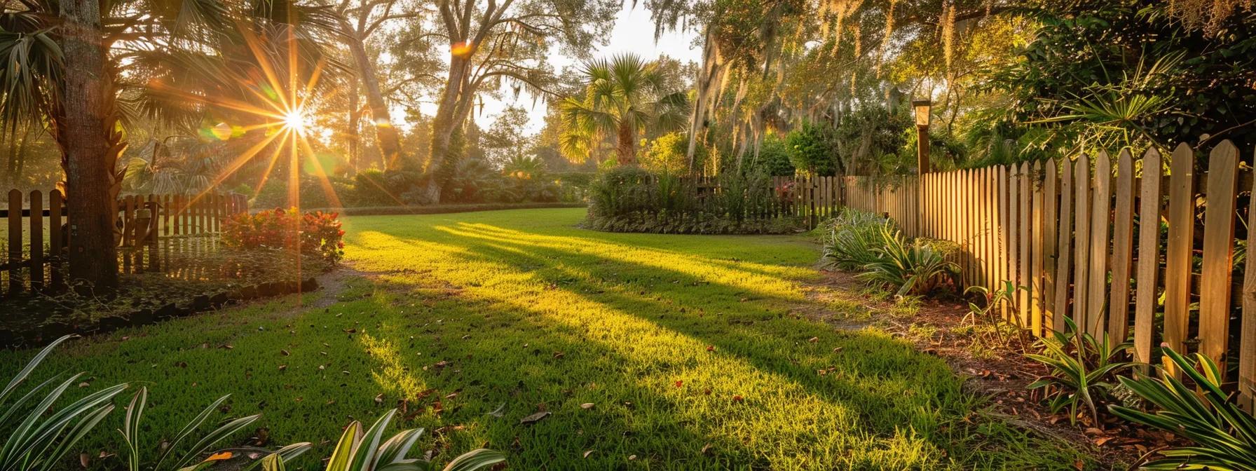 a picturesque backyard in northern central florida showcases a beautifully crafted privacy fence adorned with vibrant landscaping, bathed in warm, golden sunlight that highlights its textures and craftsmanship. a picturesque backyard in northern central florida showcases a beautifully crafted privacy fence adorned with vibrant landscaping, bathed in warm, golden sunlight that highlights its textures and craftsmanship.