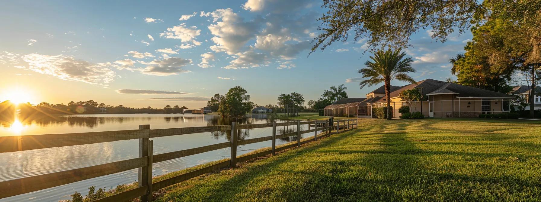 a picturesque lakeside home in northern central florida is elegantly framed by a stylish privacy fence, showcasing its attractive aesthetics and enhancing the property's overall curb appeal under bright, golden sunlight. a picturesque lakeside home in northern central florida is elegantly framed by a stylish privacy fence, showcasing its attractive aesthetics and enhancing the property's overall curb appeal under bright, golden sunlight.