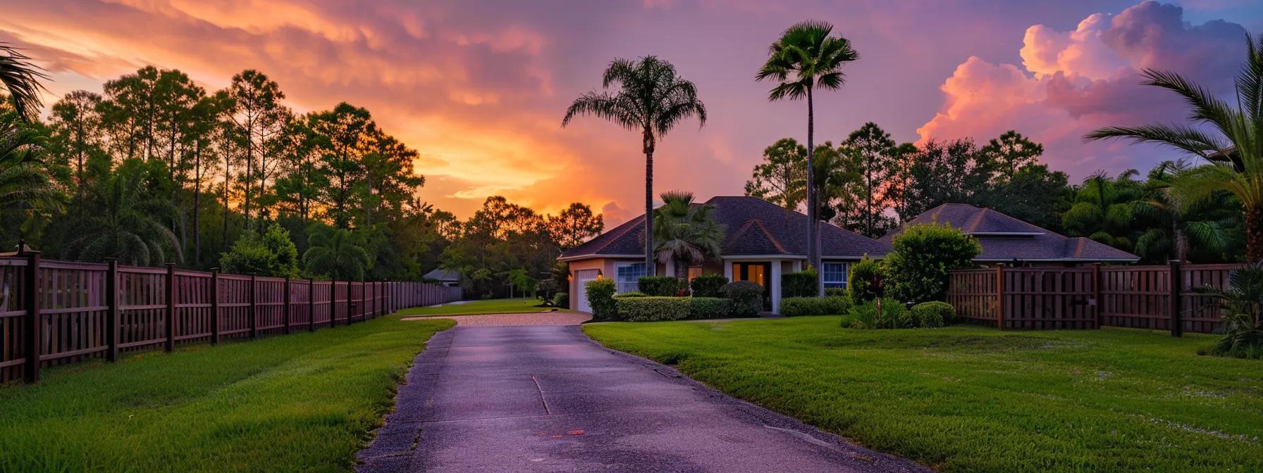 a picturesque port orange home features a beautifully contrasted landscape with a charming wooden fence on one side and a sleek vinyl fence on the other, showcasing the diverse aesthetics and styles of fencing against a vibrant florida sunset. a picturesque port orange home features a beautifully contrasted landscape with a charming wooden fence on one side and a sleek vinyl fence on the other, showcasing the diverse aesthetics and styles of fencing against a vibrant florida sunset.