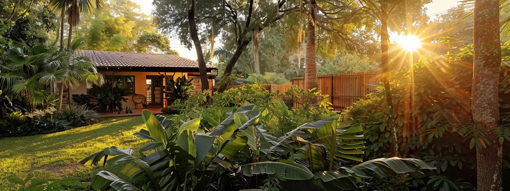 a picturesque port orange home surrounded by lush greenery is accentuated by a stunning eco-friendly fence, showcasing natural materials that seamlessly blend with the vibrant landscaping under warm, golden sunlight. a picturesque port orange home surrounded by lush greenery is accentuated by a stunning eco-friendly fence, showcasing natural materials that seamlessly blend with the vibrant landscaping under warm, golden sunlight.