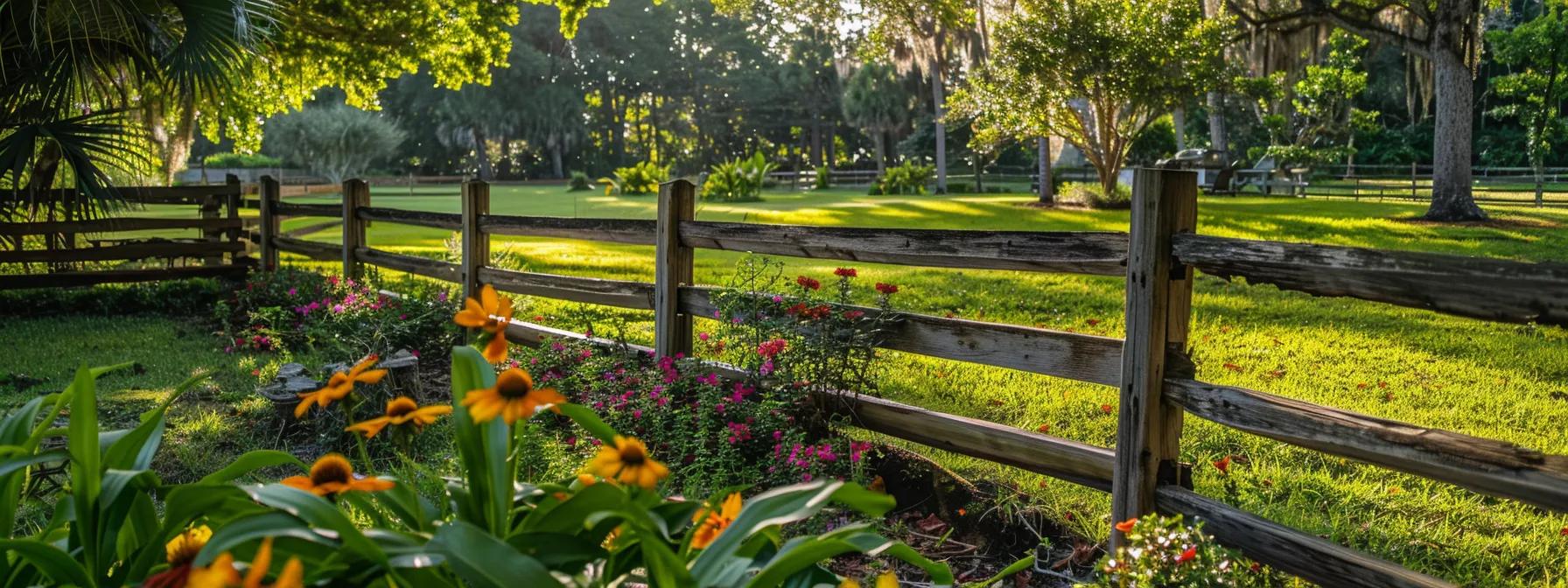 a picturesque residential landscape in northern central florida features a meticulously crafted wooden fence, surrounded by lush greenery and vibrant flowers, bathed in warm sunlight that accentuates the tranquility and charm of the property. a picturesque residential landscape in northern central florida features a meticulously crafted wooden fence, surrounded by lush greenery and vibrant flowers, bathed in warm sunlight that accentuates the tranquility and charm of the property.