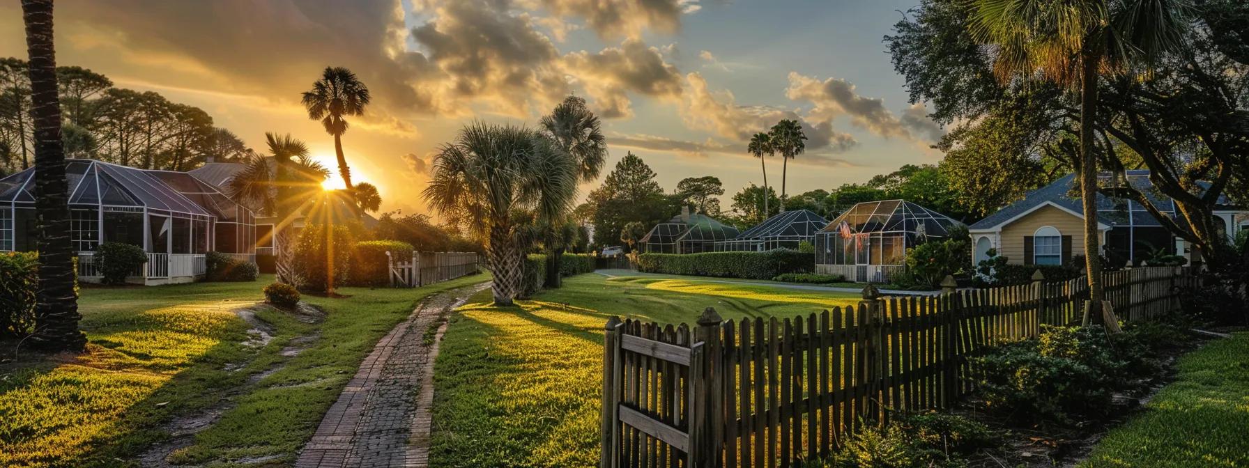 a picturesque scene of diverse, beautifully crafted fences surrounding charming port orange homes, showcasing vibrant greenery and the warm glow of a florida sunset. a picturesque scene of diverse, beautifully crafted fences surrounding charming port orange homes, showcasing vibrant greenery and the warm glow of a florida sunset.