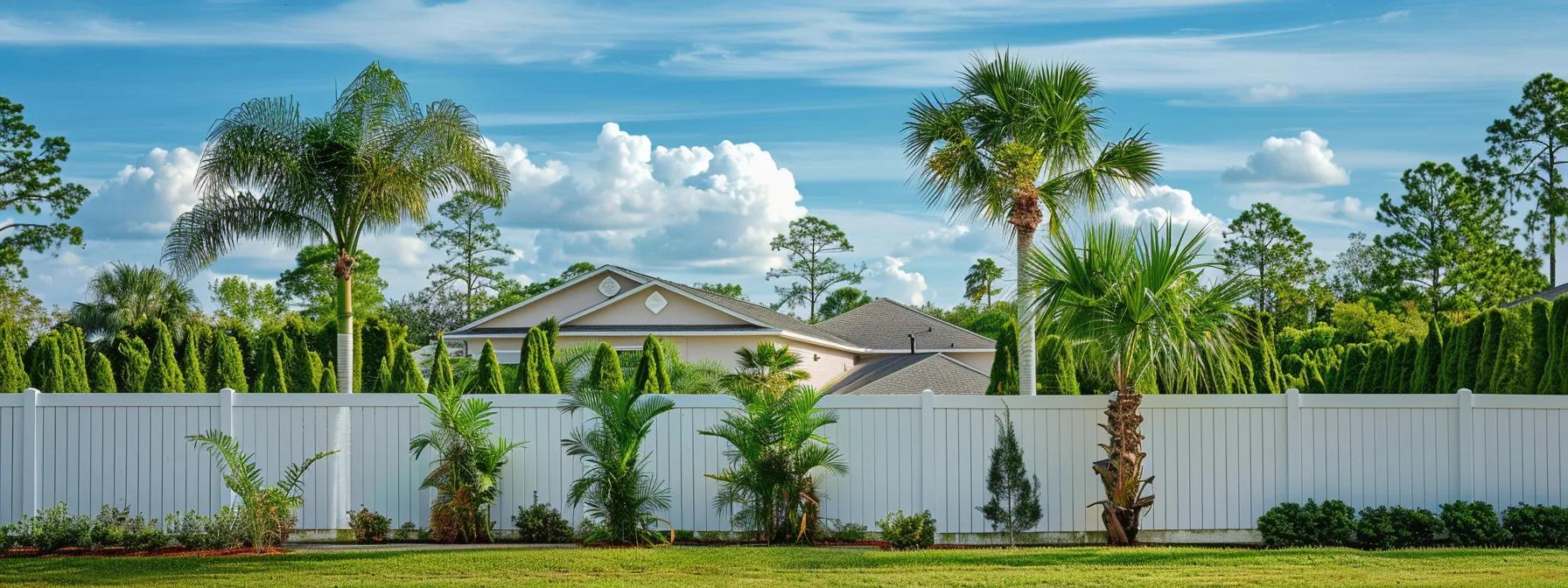 a picturesque suburban landscape in northern central florida featuring a vibrant, durable vinyl privacy fence adorned with lush tropical plants, set against a backdrop of sunny skies and charming homes, reflecting thoughtful design tailored to withstand the local climate. a picturesque suburban landscape in northern central florida featuring a vibrant, durable vinyl privacy fence adorned with lush tropical plants, set against a backdrop of sunny skies and charming homes, reflecting thoughtful design tailored to withstand the local climate.