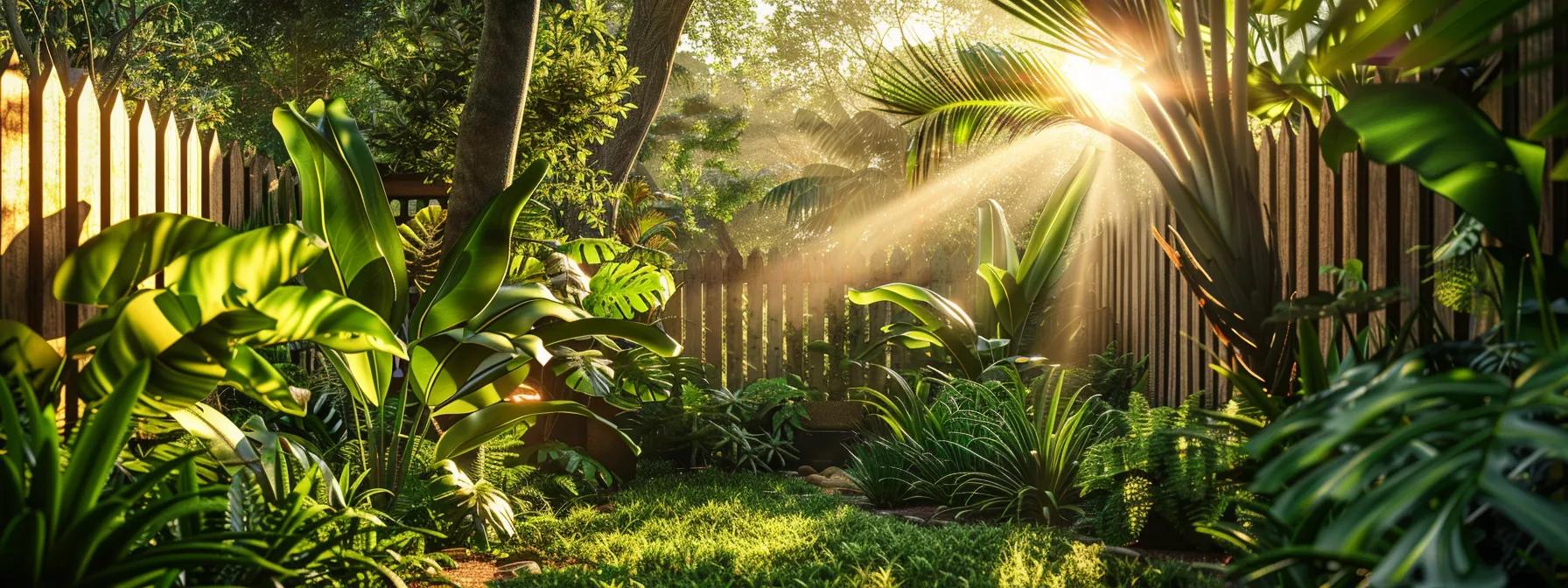 a-a-picturesque-suburban-yard-in-588e1e8e-c845-45e8-a5ab-60bdbb3640a1.webp a picturesque suburban yard in port orange showcases a variety of beautifully crafted fence materials, framed by lush greenery and bathed in the warm glow of golden hour sunlight.