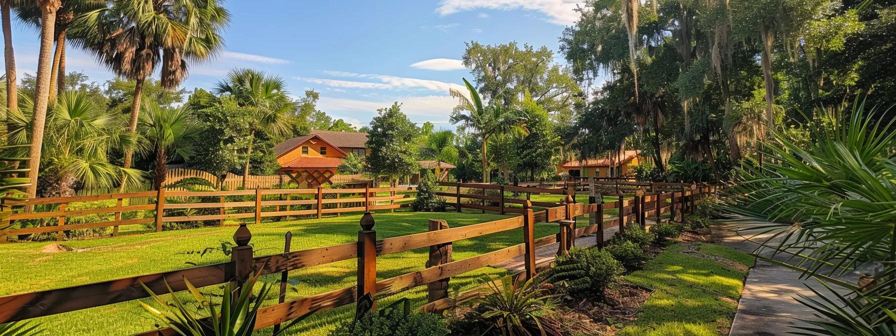a picturesque view of elegant wooden and vinyl fences surrounding lush, vibrant properties in port orange, showcasing the harmonious blend of natural beauty and durable materials under the warm florida sunshine. a picturesque view of elegant wooden and vinyl fences surrounding lush, vibrant properties in port orange, showcasing the harmonious blend of natural beauty and durable materials under the warm florida sunshine.
