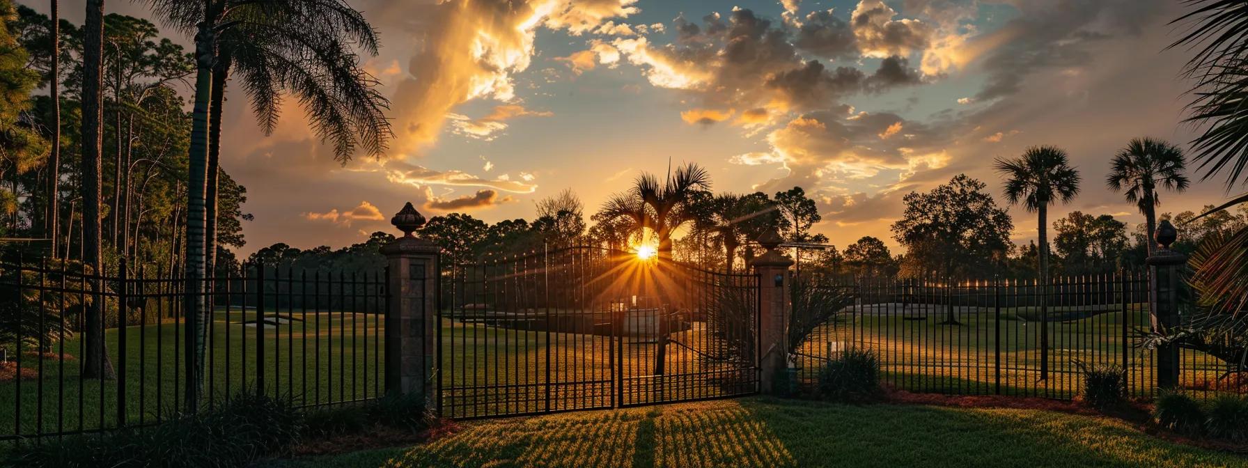 a stunning view of a beautifully custom-designed high-security fence, seamlessly blending aesthetics and privacy, surrounds a lush port orange property, illuminated by the soft, golden light of a florida sunset. a stunning view of a beautifully custom-designed high-security fence, seamlessly blending aesthetics and privacy, surrounds a lush port orange property, illuminated by the soft, golden light of a florida sunset.