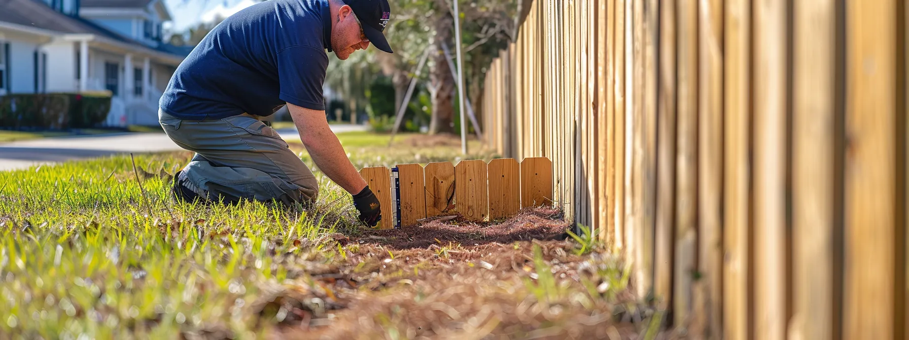 a skilled fence installer meticulously measures and marks the ground around a stylish, recently installed wooden fence, set against a backdrop of tidy suburban properties in northern central florida, showcasing the careful planning integral to the installation process. a skilled fence installer meticulously measures and marks the ground around a stylish, recently installed wooden fence, set against a backdrop of tidy suburban properties in northern central florida, showcasing the careful planning integral to the installation process.