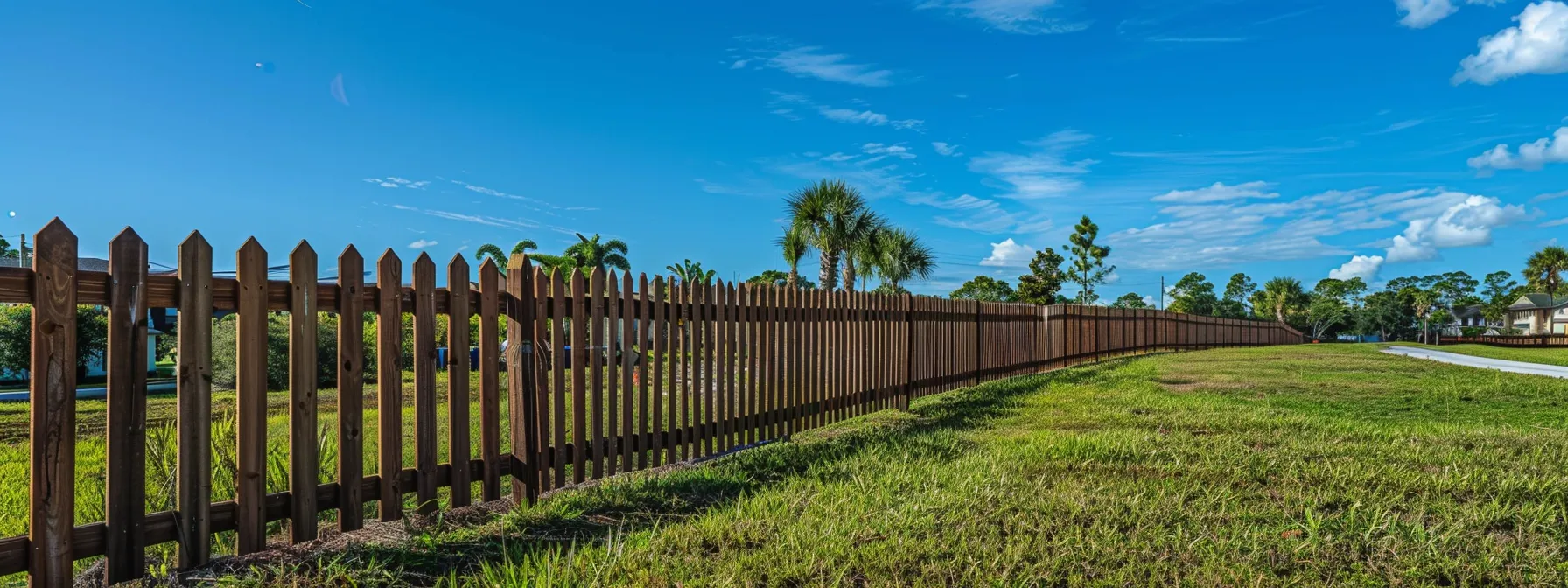 a-a-vibrant-suburban-landscape-sho-2b27f91a-4219-41e1-8eca-e5f057d71c1e.webp a vibrant suburban landscape showcases a newly installed, decorative wooden fence elegantly outlining a charming property, with the clear blue sky of northern central florida accentuating the craftsmanship and neighborhood ambiance.