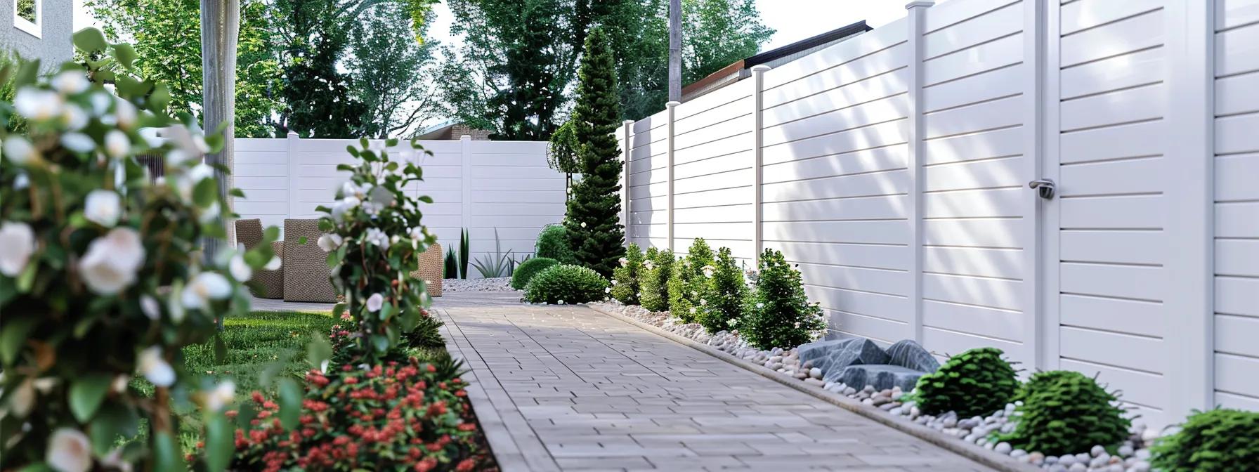a modern urban backyard features a sleek, crisp white vinyl fence that stands out against a minimalist patio, highlighting its environmentally conscious design and appeal to eco-friendly property owners.