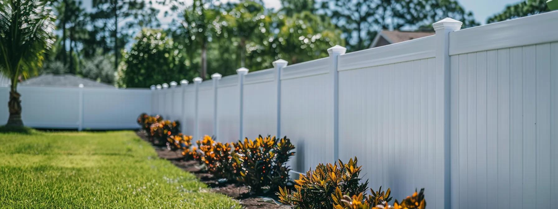 a sleek vinyl fence stands tall in a modern backyard, showcasing its pristine white surface glistening under the florida sun, symbolizing the elegance and minimal upkeep required for busy homeowners.
